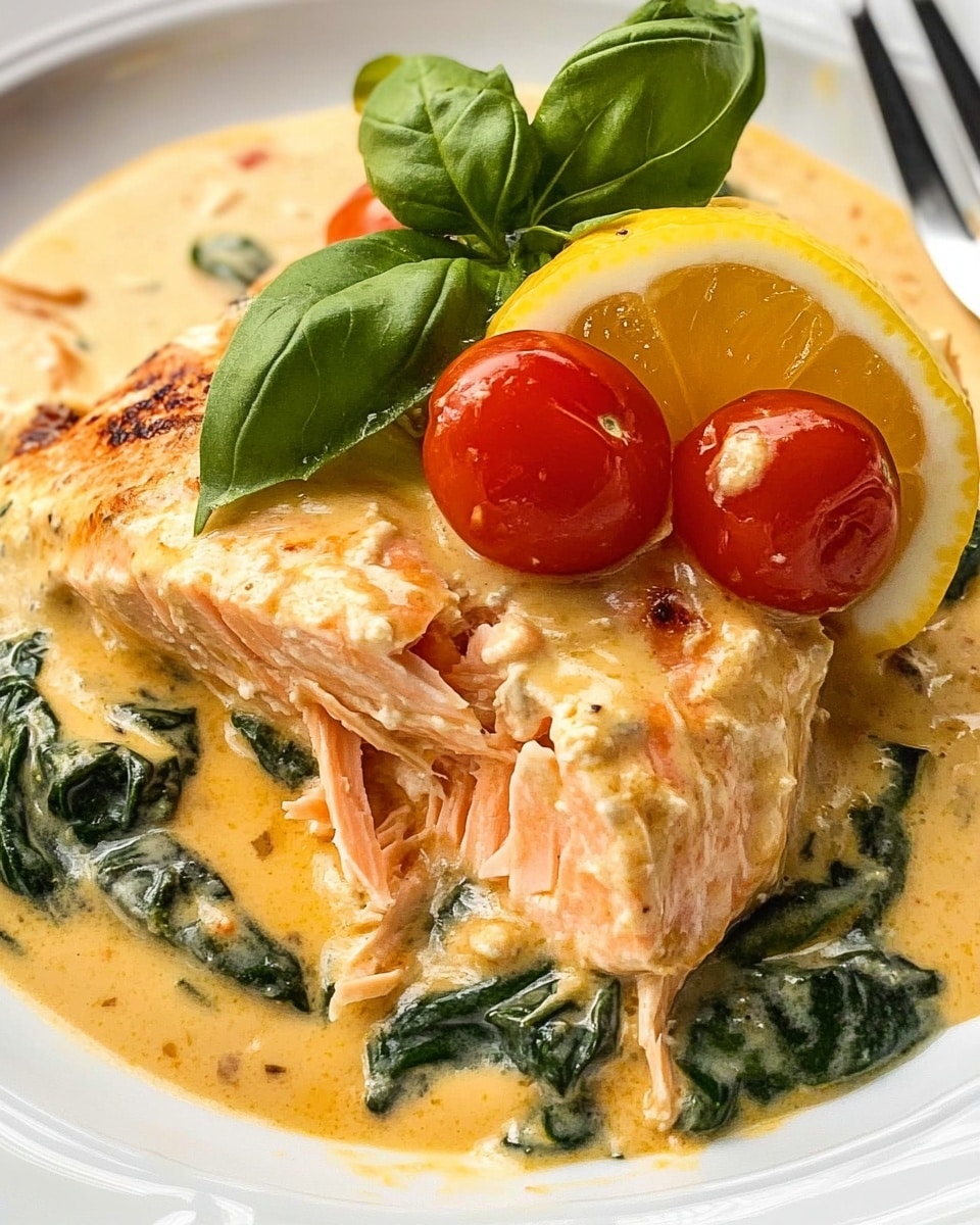 The image shows a close-up view of four light golden-brown fish fillets, each with a slightly crispy texture and black pepper flakes on top. They are nestled in a creamy light yellow sauce with a smooth, rich texture. Scattered throughout the sauce are bright red cherry tomato pieces and dark green spinach leaves, some fresh and whole while others are wilted. The dish is prepared inside a black pan, with the creamy sauce filling the spaces between the fish and vegetables. A few basil leaves add a fresh green touch on top. The photo taken with an iphone --ar 4:5 --v 6.1
