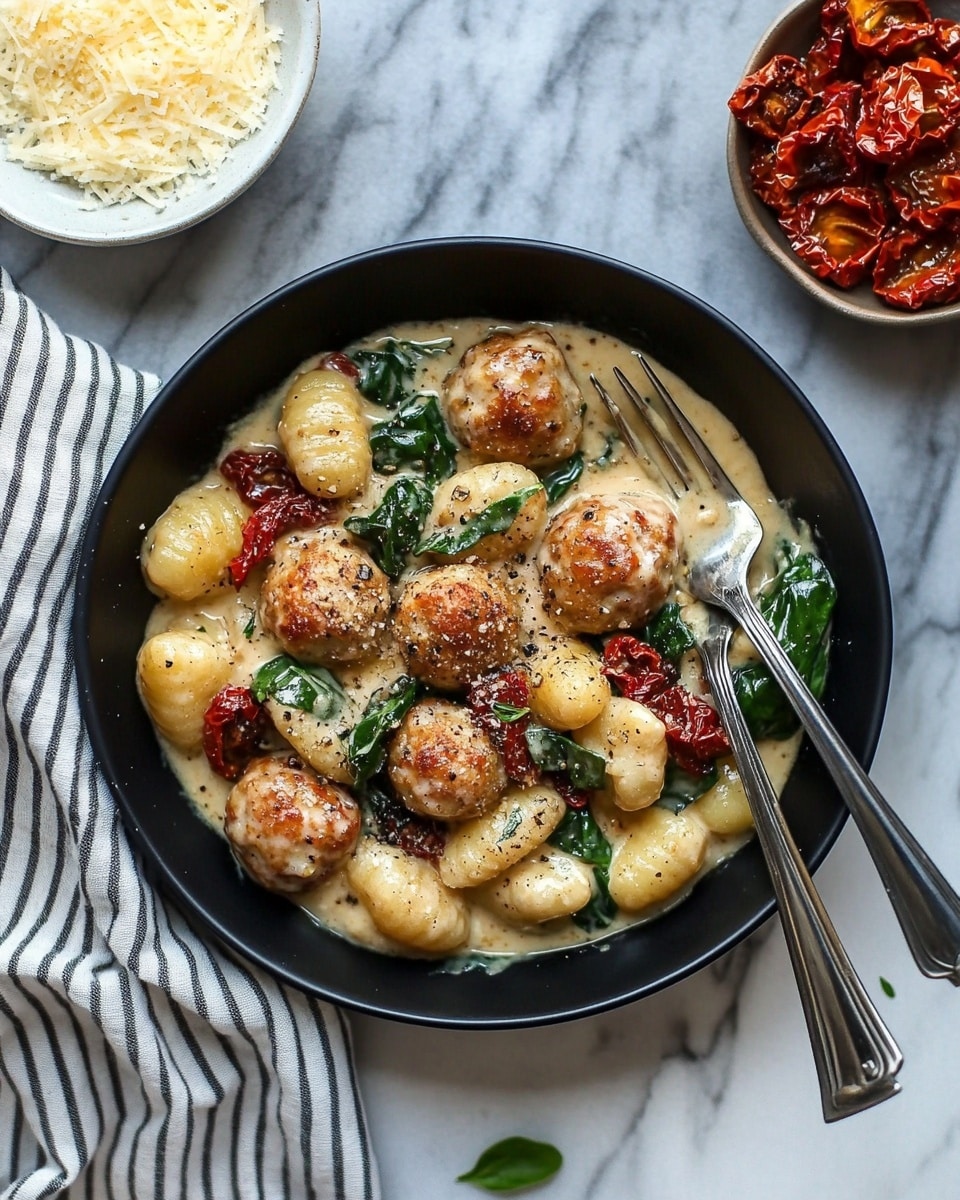 The dish is shown in a dark blue oval pot filled with round, browned meatballs and chunks of soft, pale gnocchi in a thick creamy sauce with specks of green spinach leaves and bits of red pepper flakes scattered throughout. The creamy sauce has a light beige color with visible herbs mixed in, covering the meatballs and gnocchi partially, creating a rich, hearty texture. A silver spoon rests inside the pot, partially submerged in the sauce, ready for serving, all set on a white marbled surface. photo taken with an iphone --ar 4:5 --v 6.1