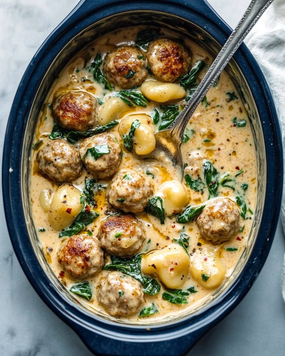 A black bowl filled with creamy gnocchi and browned meatballs covered with green spinach leaves and bits of dark red sun-dried tomatoes, all mixed in a light yellow sauce with black pepper sprinkled on top. A silver fork rests on the right edge of the bowl, with its tines piercing a meatball. To the left of the bowl, a striped cloth napkin lies on a white marbled surface. Above the bowl, a small white bowl containing grated cheese with a silver spoon inside is visible, and to the right, a small vibrant bowl filled with more sun-dried tomatoes is placed. Photo taken with an iphone --ar 4:5 --v 6.1