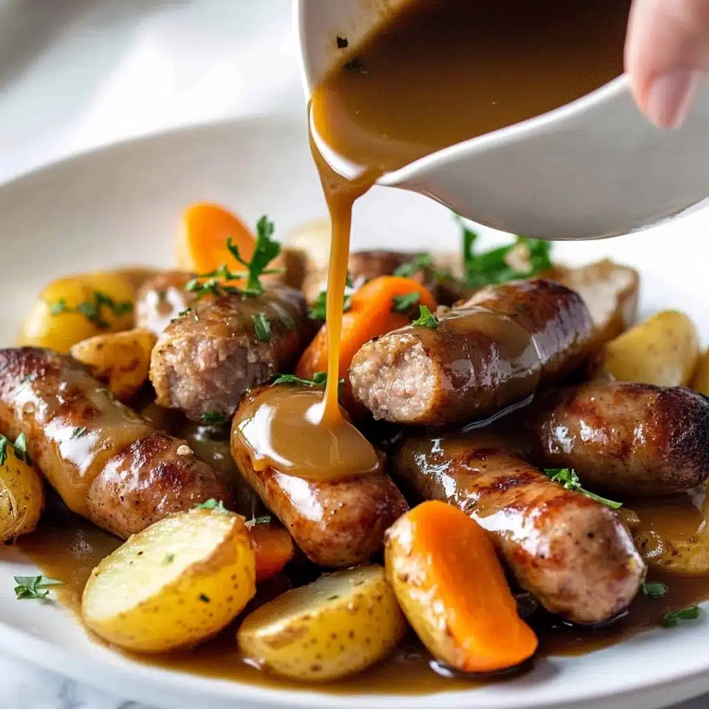 Oven Baked Sausages with Potatoes, Vegetable AND Gravy! Recipe - Recipe Image