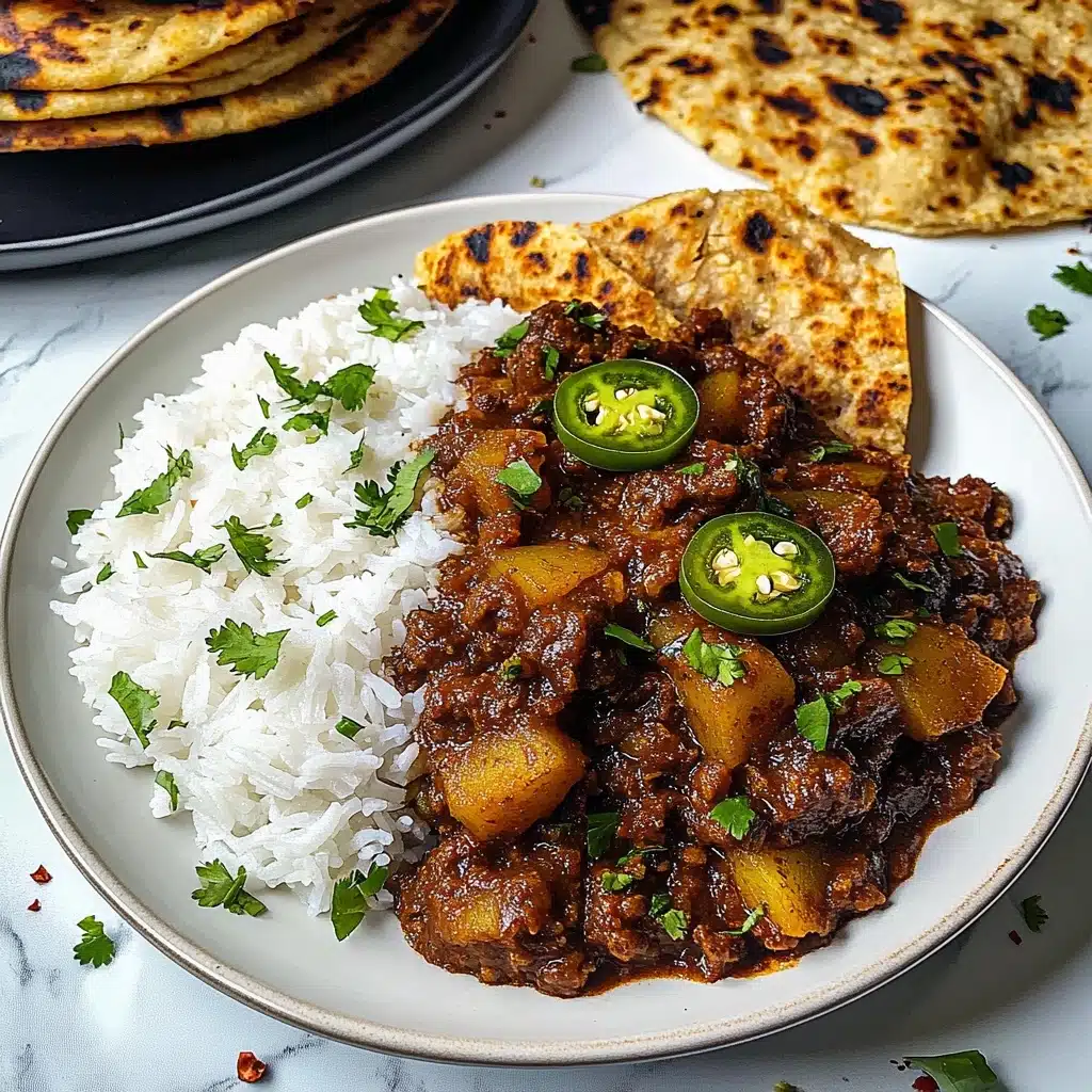 Mexican Picadillo, Mexican Picadillo recipe, easy Mexican dishes, hearty weeknight dinner, flavorful Mexican ground beef A white round plate holds two layers: on the left side, a layer of white fluffy rice with some green herb sprinkles, and on the right side, a thick layer of dark brown cooked meat mixed with diced yellow potatoes and onions. The meat is coated in a rich, textured sauce. On top of the meat layer, several thin green jalapeño slices are placed, and some chopped green herbs are sprinkled all over. In the background, a black plate stacked with flat, slightly charred flatbreads sits on a white marbled surface with scattered red pepper flakes and herb bits around.