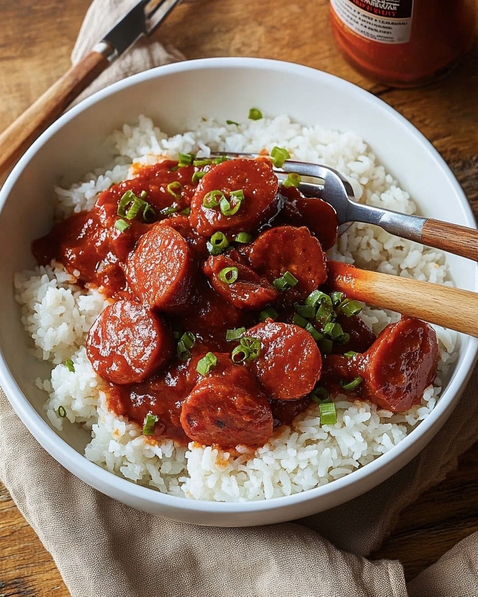 BBQ Smoked Sausage and Rice, smoky sausage rice bowl, easy barbecue sausage recipe, quick sausage and rice dinner, flavorful smoked sausage dish A dark bowl filled with a base layer of white rice topped with a thick red sauce and round sliced pieces of sausage that have a shiny, slightly oily texture. Small bits of green garnish are sprinkled over the sausage layer, adding pops of color. A fork holds some sausage and rice, while a knife rests horizontally on the bowl's edge, both with wooden handles. The bowl sits on a warm wooden table next to a bottle of hot sauce and a beige cloth napkin with frayed edges.