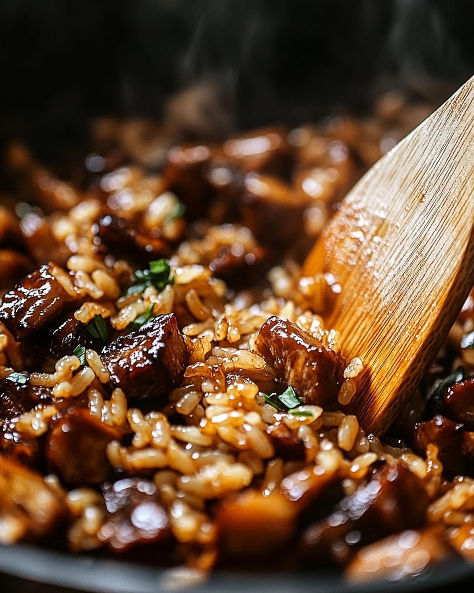 One-Pan Sweet and Tangy BBQ Sausage Rice, easy BBQ sausage rice, quick savory sausage and rice dinner, flavorful weeknight skillet meal, fuss-free sausage rice recipe The image shows a close-up of fried rice with dark brown, slightly shiny pieces of diced mushrooms mixed in. The rice is light brown and looks moist, with small bits of green herbs sprinkled on top. A wooden spatula stirs the rice and mushrooms inside a dark pan, steam rising lightly from the dish. The texture of the rice is soft but separate, and the mushrooms have a rich, glossy coating. The photo is taken on a white marbled surface.