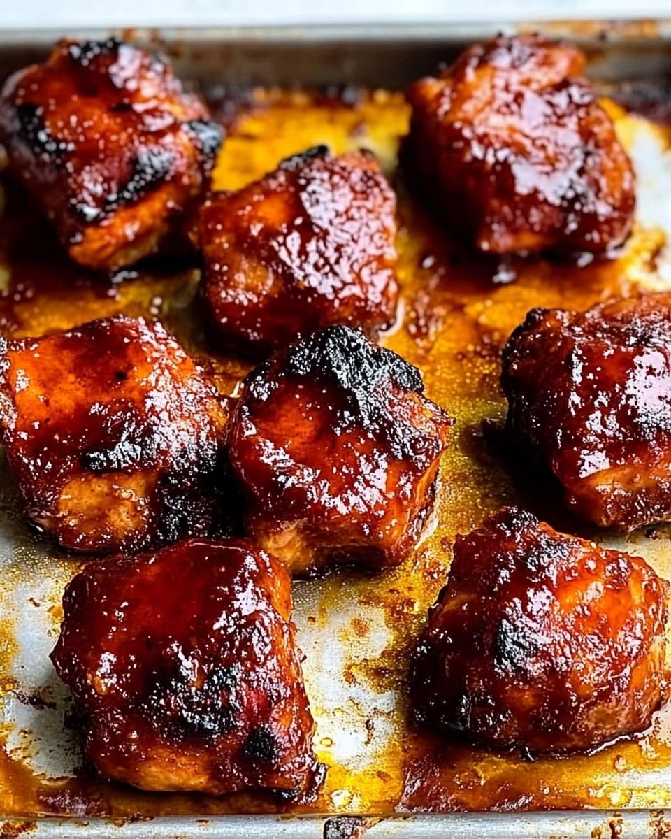 Oven BBQ Chicken Thighs with Peach Preserves, grilled chicken with peach glaze, easy baked BBQ chicken, healthy chicken thigh recipes, caramelized chicken skin A white plate filled with many pieces of chicken wings, each coated in a thick, shiny red barbecue sauce with dark charred spots, showing a sticky texture. The wings are piled up closely, displaying a mix of smooth sauce and crispy skin underneath. The plate has a colorful floral pattern around its edge, and the background is a white marbled surface.