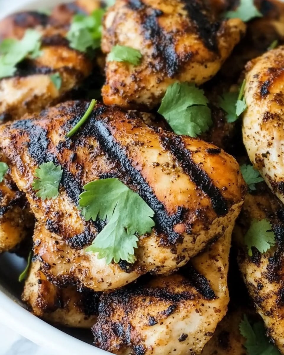 Last Minute Garlic Herb Chicken Thighs, quick chicken dinner, easy chicken thighs recipes, flavorful weeknight meals, speedy chicken thigh recipe The image shows a close-up of grilled chicken pieces stacked in a white bowl. The chicken has a lightly charred, brown crust with black grill marks and is sprinkled with green herb leaves, likely cilantro, scattered on top. The chicken pieces have a slightly rough texture from the seasoning and grill marks. The bowl sits on a white marbled surface.