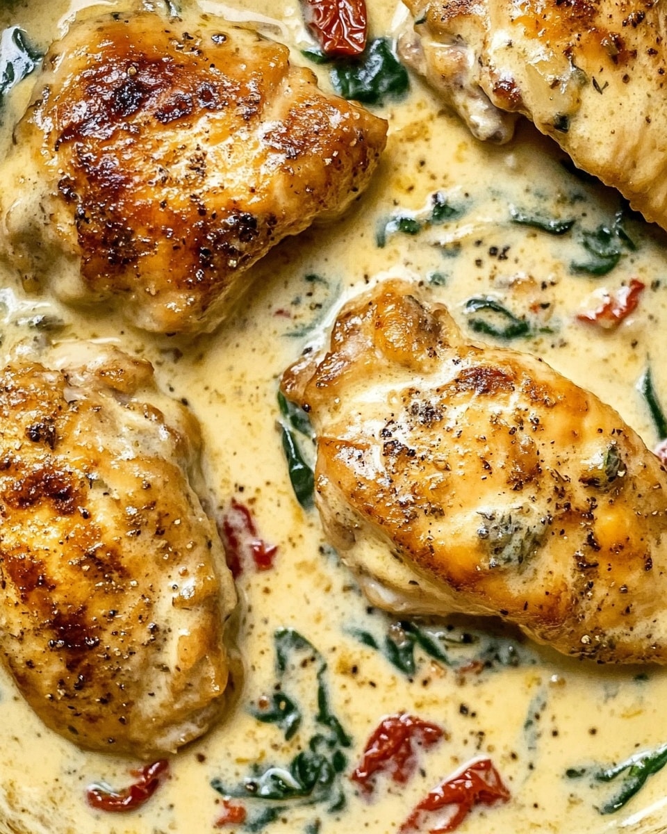 One-Pan Tuscan Chicken, Tuscan Chicken skillet, easy chicken dinner, creamy Tuscan chicken, healthy weeknight dinner A dark skillet filled with four golden brown cooked chicken pieces on top of a creamy, light beige sauce dotted with green spinach leaves and deep red sun-dried tomato slices; the sauce looks rich and thick with visible herbs scattered throughout, creating a textured, hearty appearance, all against a white marbled surface background