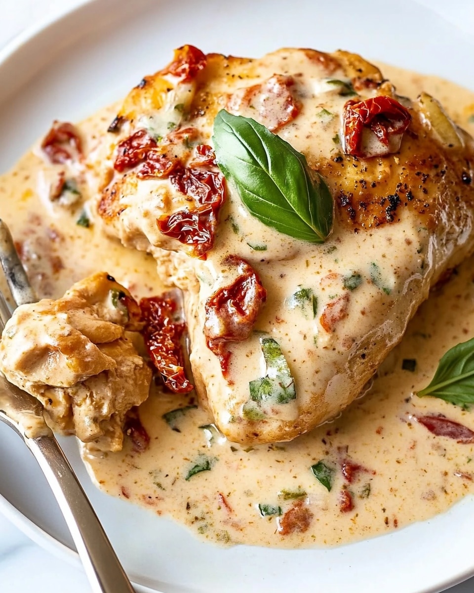 Marry Me Chicken, creamy chicken dinner, romantic chicken recipes, easiest chicken recipes, flavorful chicken dishes A white plate holds a piece of cooked chicken with a golden-brown surface, covered by a creamy sauce with a light tan color and small red and green bits. The sauce has visible pieces of red sun-dried tomatoes and some green basil leaves scattered on top and around. A fork is holding a small piece of chicken near the front left side of the dish. The plate sits on a white marbled surface.