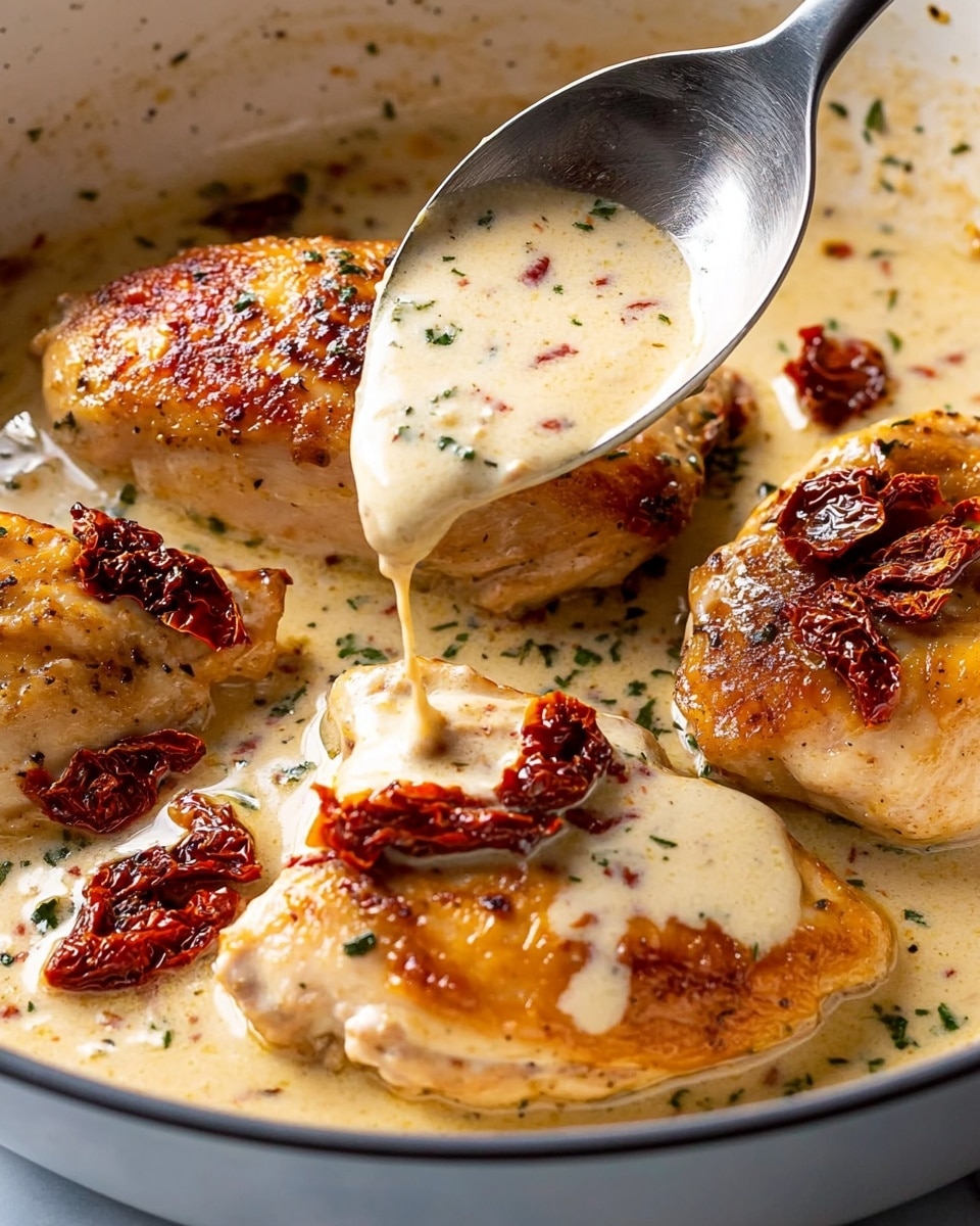 Marry Me Chicken, creamy chicken dinner, romantic chicken recipes, easiest chicken recipes, flavorful chicken dishes The image shows three golden-brown cooked chicken pieces in a pan filled with rich creamy white sauce with visible herbs and small chunks of red sun-dried tomatoes. A silver ladle is pouring more creamy sauce mixed with sun-dried tomato pieces onto the foremost chicken piece. The chicken has a slightly crispy texture with some herbs sprinkled on top. The sauce pools around the chicken in the white pan with a dark rim, sitting on a white marbled surface.
