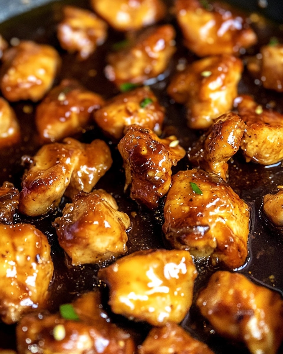 20 Minute Honey Garlic Chicken, quick honey garlic chicken, easy chicken dinner, healthy chicken recipes, fast garlic chicken This image shows many small pieces of cooked chicken in a pan, coated with a shiny brown sauce that looks thick and sticky. The chicken pieces are golden brown with some darker caramelized spots, and small bits of garlic and herbs are mixed in the sauce around them. The sauce pools slightly in the pan, creating a rich background with a glossy texture. The colors are warm with shades of brown and hints of green from the herbs. The