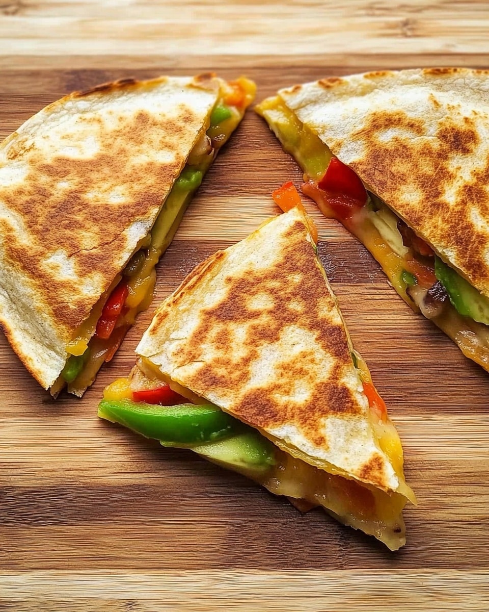 Chicken and Cheese Quesadillas with Peppers, Onions, and Avocado, easy chicken quesadilla recipe, cheesy quesadillas with peppers and onions, healthy chicken quesadillas, quick dinner ideas Three triangular quesadilla slices are arranged on a wooden cutting board. Each slice has a golden-brown toasted tortilla outer layer with melted cheese on top. Inside, layers of red and green bell peppers add bright color along with avocado slices visible at the edges. The textures show crispy tortilla with soft, colorful vegetables and gooey melted cheese all inside. The scene is simple and inviting with the quesadillas close together but slightly spaced apart.