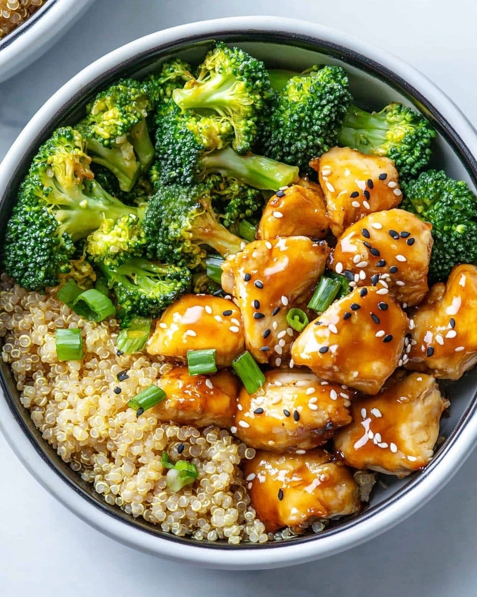 Honey Garlic Chicken Meal Prep, healthy chicken meal prep, quick chicken dinner ideas, flavorful chicken meal prep recipe, easy weekly meal prep The dish is served in a round white bowl and has three clear layers inside. On the left side, there is a layer of fluffy beige quinoa with small grain texture. On the bottom right, there is a layer of bright green broccoli florets with some lightly browned edges showing slight roasting. On the top right side of the bowl, tender chunks of golden orange glazed chicken are placed, sprinkled with black and white sesame seeds and small pieces of green onions. The bowl is set on a white marbled surface.