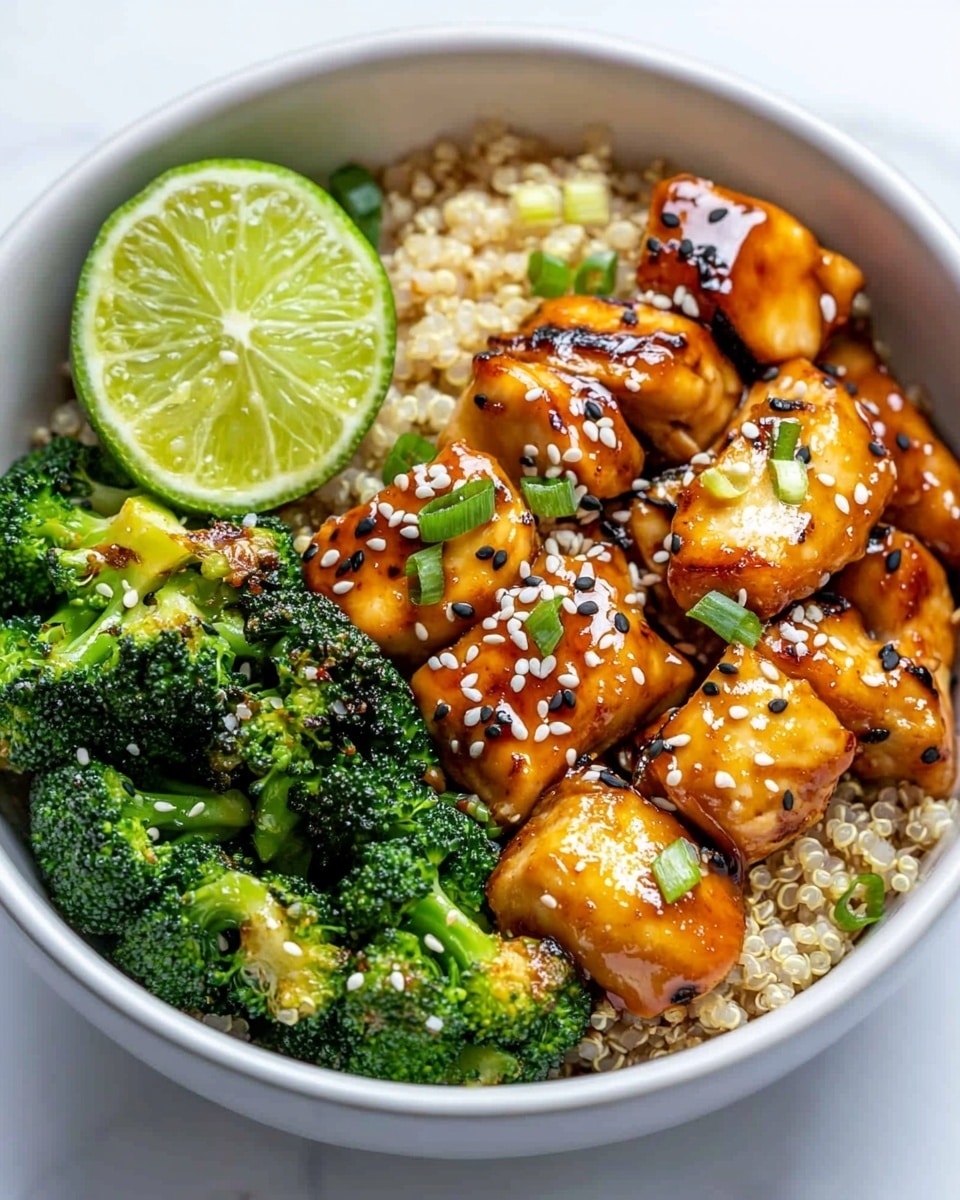 Honey Garlic Chicken Meal Prep, healthy chicken meal prep, quick chicken dinner ideas, flavorful chicken meal prep recipe, easy weekly meal prep The dish shows a white bowl filled with three main parts. On the left, there are bright green broccoli pieces, lightly cooked and slightly charred. Next to the broccoli, there is a small pile of white grains, possibly rice or couscous, with a soft texture. On the right side, there are orange-colored cubed pieces coated in a shiny sauce, topped with small green onion slices and sprinkled with white and black sesame seeds. Two lime slices sit on the edge of the bowl for garnish. The bowl is placed on a white marbled surface.