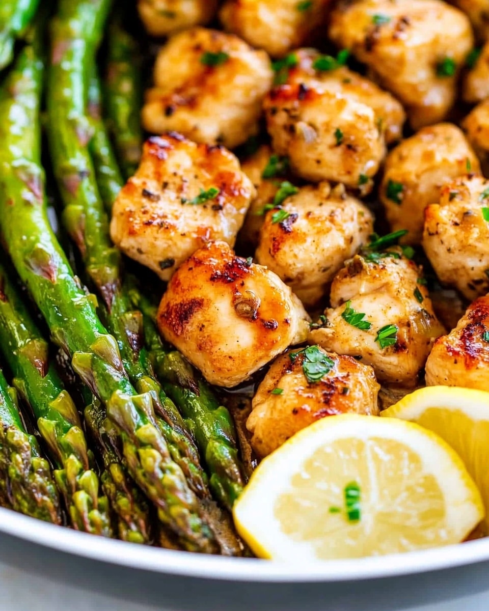 One-Pan Garlic Butter Chicken with Asparagus, garlic butter chicken skillet, easy chicken and asparagus dinner, quick weeknight chicken meal, healthy chicken asparagus recipe This image shows a close-up of a pan filled with two main layers of food. On the left side, there is a neat row of green asparagus, cooked and shiny with a slight char. On the right side, there are many pieces of golden brown cooked chicken, each piece small and seasoned with bits of green herbs. Two bright yellow lemon wedges are placed on top, one near the asparagus and one near the chicken, adding a fresh contrast. The pan rests on a white marbled surface.
