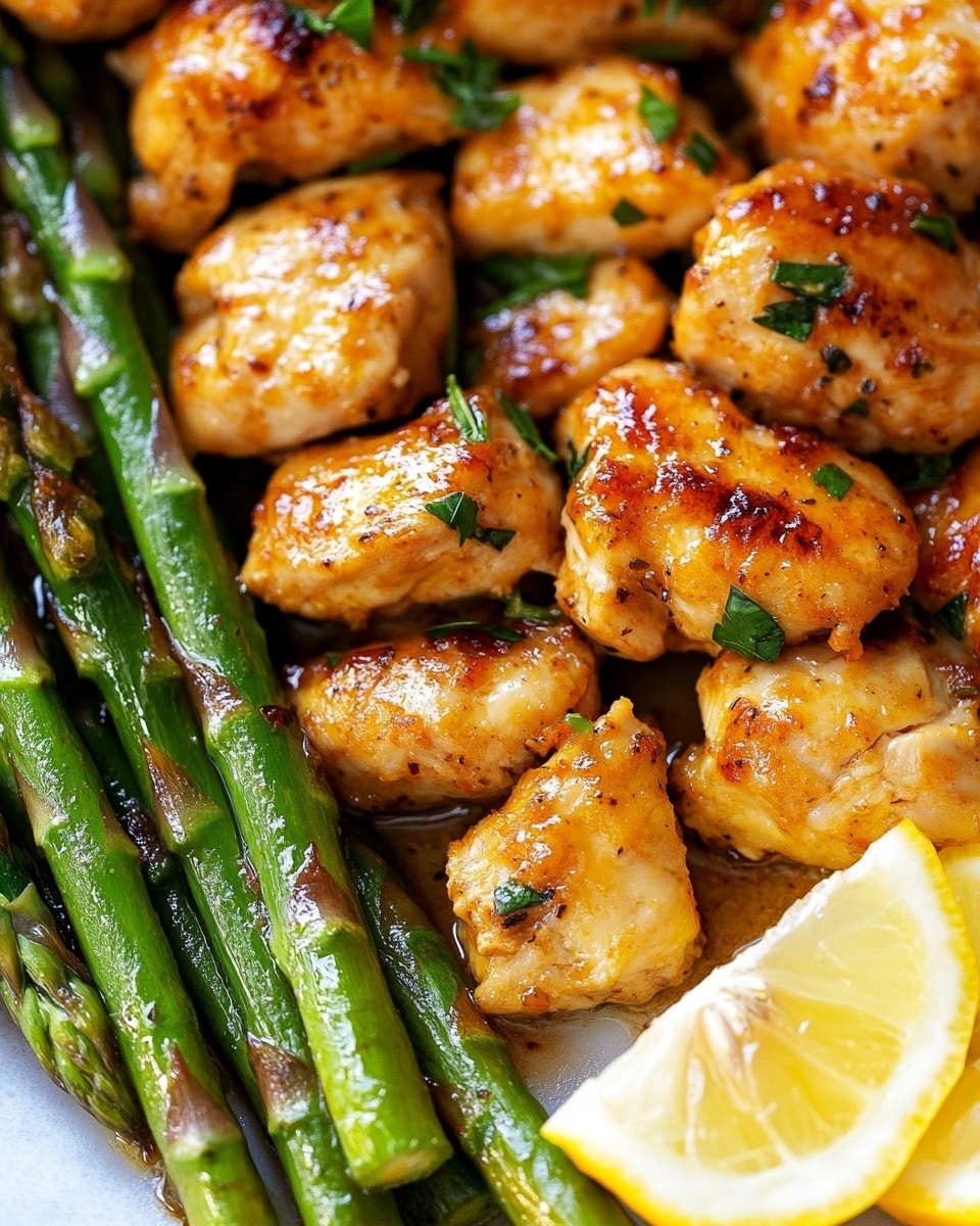 One-Pan Garlic Butter Chicken with Asparagus, garlic butter chicken skillet, easy chicken and asparagus dinner, quick weeknight chicken meal, healthy chicken asparagus recipe The image shows a close view of a dish with two main layers placed side by side on a white marbled surface. On the left side, there is a layer of cooked green asparagus spears, evenly aligned and slightly shiny as if tossed in oil or butter. On the right side, there is a layer of golden brown cooked chicken pieces, with a slightly crispy texture and some sprinkled green herbs. Two lemon wedges with bright yellow skin and juicy interiors are placed on top, one near the bottom and one near the top left. The overall look is warm and fresh, with a focus on the contrast between the green asparagus and the golden chicken.