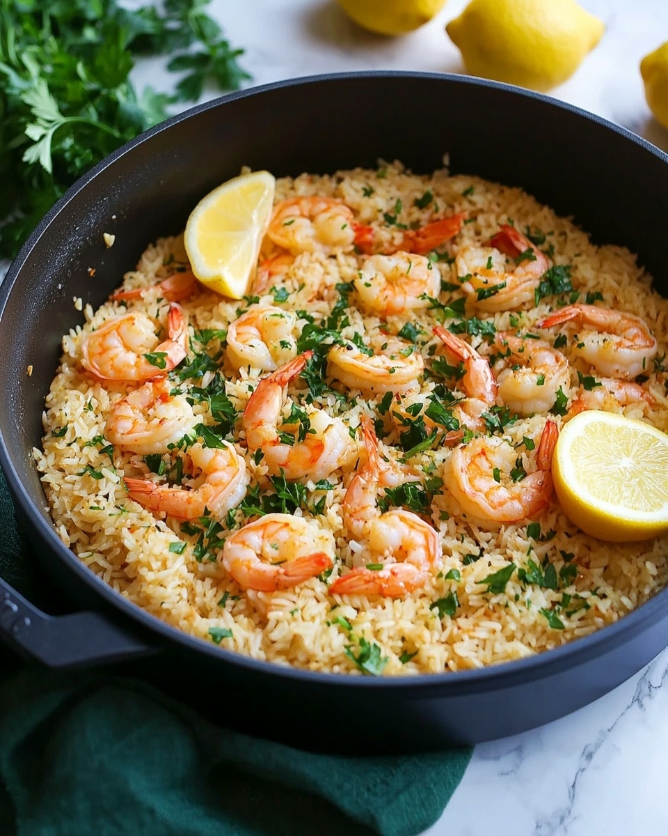 Lemon Garlic Shrimp and Parmesan Rice One Pot, quick seafood dinner, easy shrimp and rice recipe, healthy one-pot shrimp meal, flavorful shrimp and rice dish The image shows a white pan filled with cooked rice mixed with pink and white shrimp scattered evenly throughout. The rice is fluffy and light-colored with green herbs sprinkled on top, adding small pops of color. Two bright yellow lemon wedges rest on one side of the pan, adding contrast and freshness to the dish. A dark wooden spoon with visible grain texture is placed on the right side, partially resting on the shrimp and rice. The pan sits on a white marbled surface.