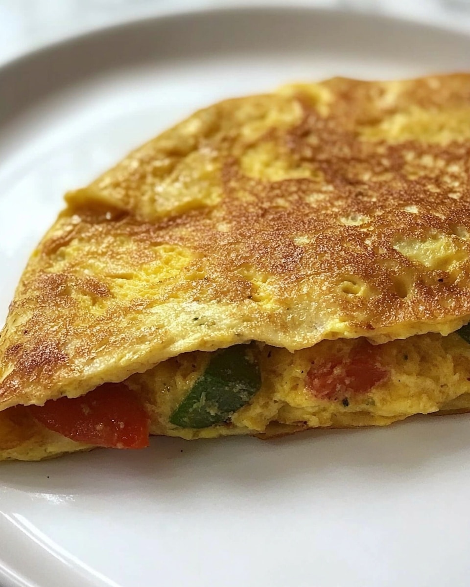 Veggie Omelet, healthy veggie breakfast, quick breakfast ideas, nutritious breakfast recipes, colorful veggie omelet The image shows a white plate on a white marbled surface holding a folded omelette with two layers; the outside of the omelette is golden yellow with brown spots and a slightly rough texture, while inside there is a filling of cooked vegetables that looks soft and moist, including small pieces of red, green, and possibly light orange vegetables peeking out at the edges. Part of the omelette is folded over, revealing the colorful vegetable mix inside.