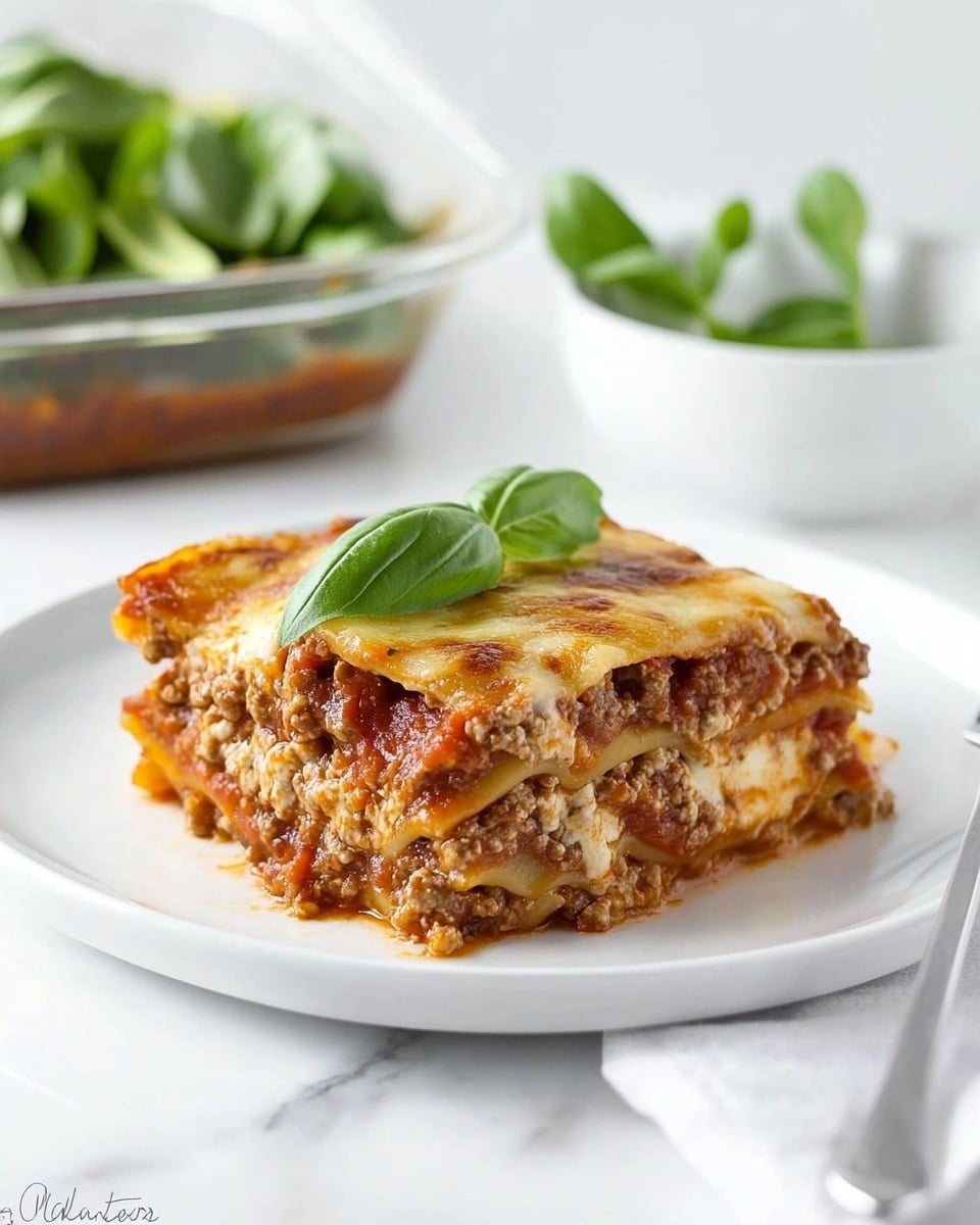Just Like the Real Thing Keto Lasagna, keto lasagna recipe, low-carb lasagna, keto Italian dinner, keto comfort food A thick square piece of lasagna sits in the center of a white plate on a white marbled surface. The lasagna has multiple layers including a bottom layer of melted orange cheese, a thick brown meat sauce layer, another layer of yellowish cheese, topped with a mix of browned melted white cheese and brown meat sauce, creating a textured top with some browned edges. A small green basil leaf garnish sits on top. In the background, there is a white bowl with green leafy salad and a clear glass container filled with more lasagna. A silver fork rests on a white napkin next to the plate.
