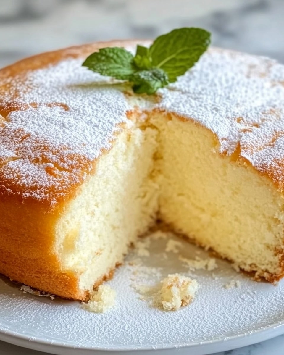 Light & Fluffy Yogurt Cloud Cake, airy yogurt cake recipe, moist yogurt cake, simple dessert ideas, fluffy cake with yogurt A fluffy, round cake with a golden-brown top layer dusted lightly with powdered sugar. The cake is sliced open, revealing a soft, creamy, pale yellow inside that looks light and airy. A small green mint leaf rests on top as a simple garnish. The cake sits on a white plate placed on a white marbled surface.