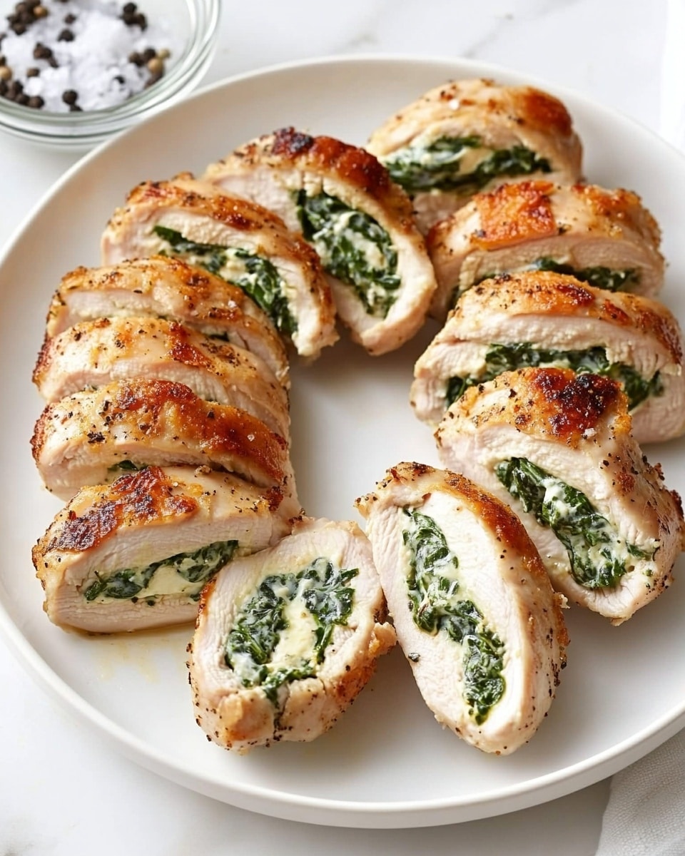Stuffed Chicken Breast with Spinach and Cheese, stuffed chicken breast recipe, spinach and cheese chicken, easy stuffed chicken, gourmet chicken dinner A white round plate sits on a white marbled surface, holding ten pieces of sliced chicken stuffed with a green spinach and creamy white cheese filling. Each chicken slice shows a golden brown outer layer, with the soft white inside filled with bright green spinach mixed with the creamy white cheese. The pieces are arranged in a slightly curved pattern around a small clear glass bowl filled with a mixture of salt and black pepper. The chicken slices’ textures show a mix of tender inside and a lightly browned outside, giving a fresh and warm look.
