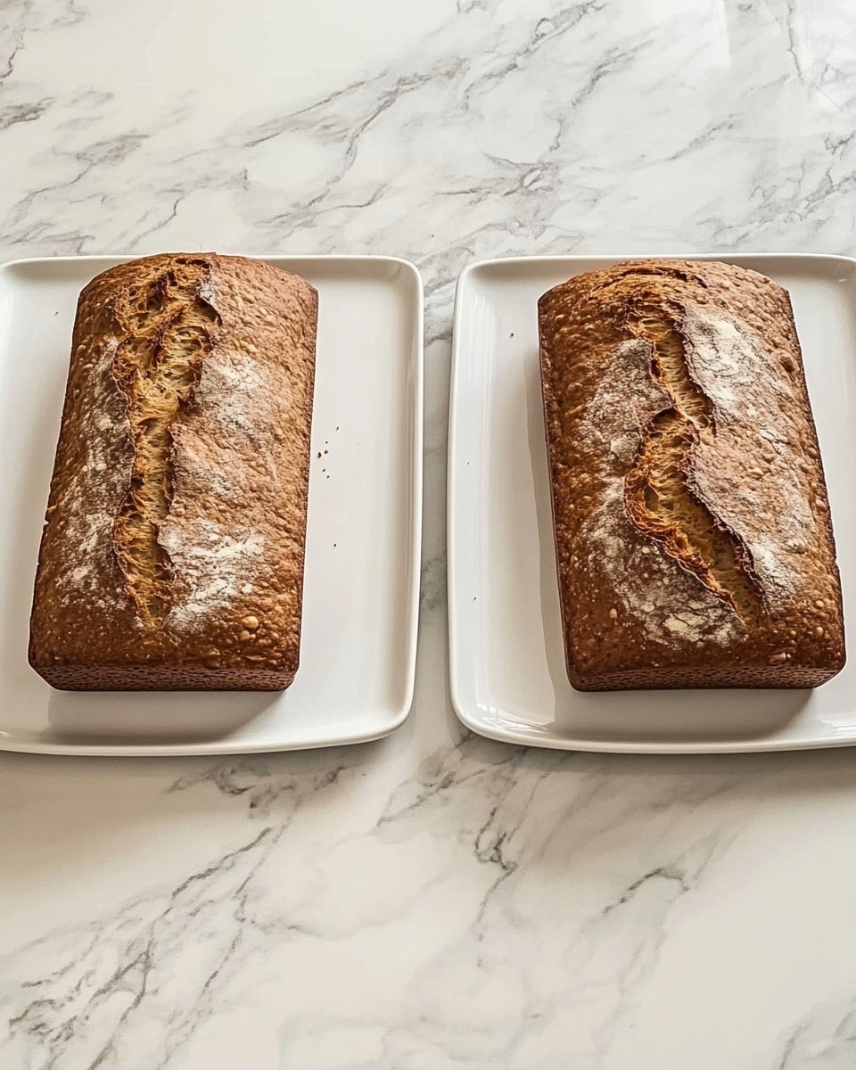 Two rectangular loaves of brown baked bread sit separately on two white oval plates on a white marbled surface. Each loaf has a rough, cracked top with a dense texture, showing small air holes throughout. The loaf on the left has a slightly more wrinkled top while the one on the right has a straight crack down its center. The loaves sides are smooth and firm, with a consistent brown color all around. The overall look is simple and homemade. Photo taken with an iphone --ar 4:5 --v 6.1