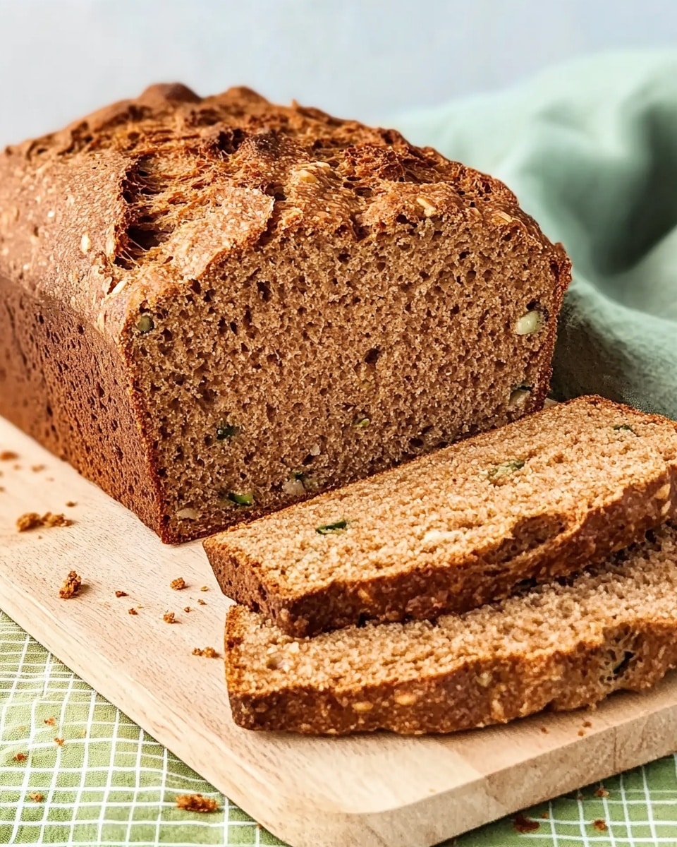A loaf of brown bread with a rough, crunchy crust sits on a light wooden board. Two thick slices are cut from the loaf and placed leaning against it. The inside of the bread is moist with small holes and pieces of walnuts scattered throughout. The background shows a green cloth with a subtle texture, and the surface is a white marbled texture. Photo taken with an iphone --ar 4:5 --v 6.1