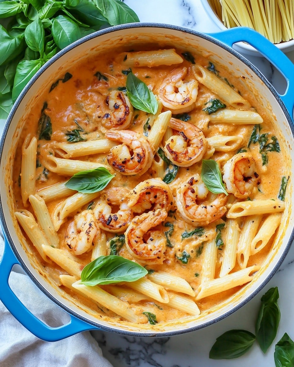 A close-up view of a large white pan filled with creamy orange pasta sauce mixed with penne pasta and large grilled shrimp scattered throughout, topped with chopped green basil leaves, sitting on a white marbled surface; to the right, a small white bowl holds raw penne pasta, and fresh green basil leaves are placed nearby, with a blue and white striped cloth partially visible in the background, photo taken with an iphone --ar 4:5 --v 6.1