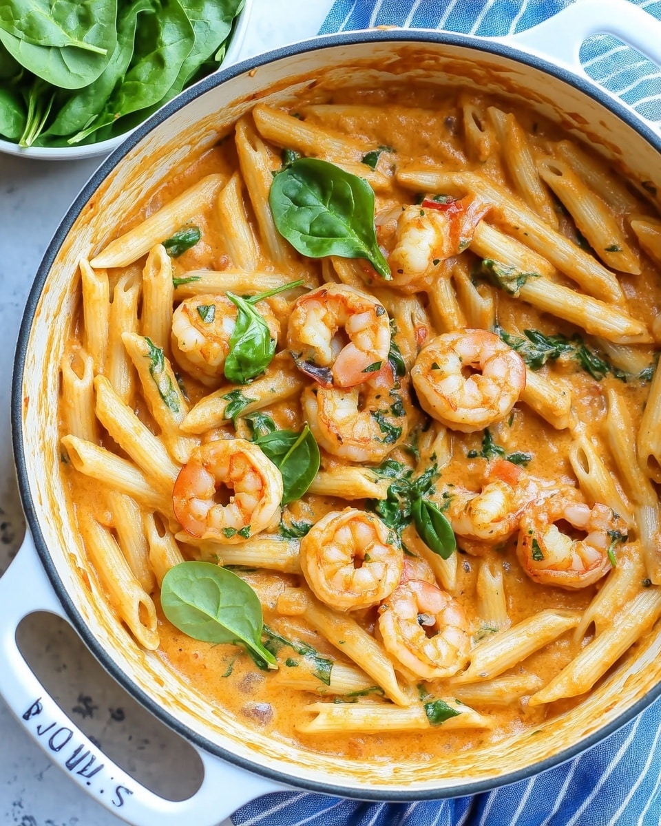 The image shows a white pot filled with creamy pasta made of light yellow penne, mixed with browned shrimp that have a slightly crispy texture. The creamy sauce covering the pasta and shrimp is light orange with specks of herbs and small green spinach leaves scattered throughout. Some larger spinach leaves are visible on the top, adding green spots among the pasta and sauce. The pot is placed on a white marbled surface next to a small white bowl filled with fresh green spinach. A striped cloth is partly under the pot s handle, which is bright blue. The photo was taken with an iphone --ar 4:5 --v 6.1