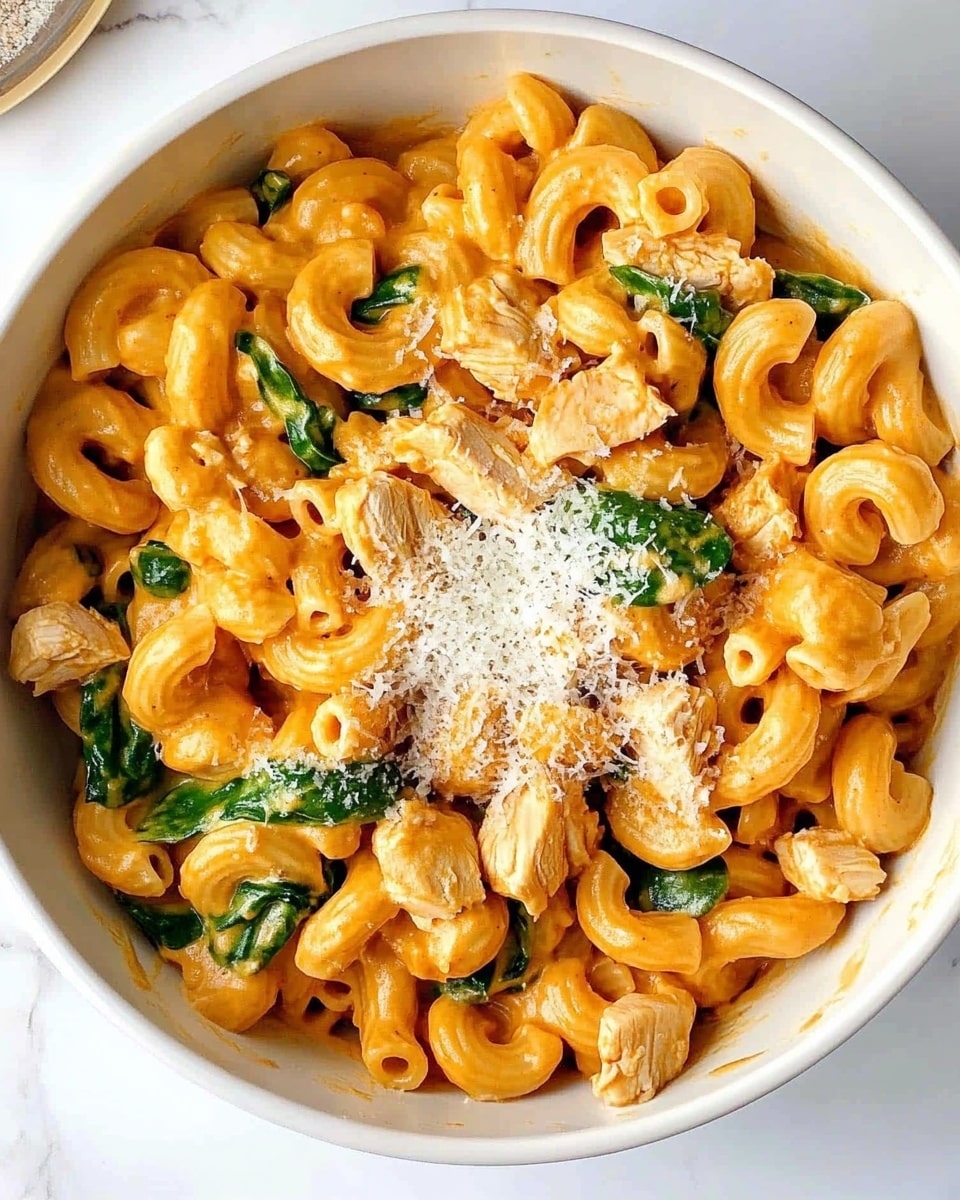 A white bowl filled with a creamy pasta dish, featuring elbow macaroni mixed with pieces of cooked chicken and wilted green spinach leaves. The pasta and chicken are coated in a light orange sauce, giving a smooth, rich texture, and a sprinkle of grated cheese is placed in the center on top. The bowl sits on a white marbled surface with a beige linen cloth partially visible to one side. photo taken with an iphone --ar 4:5 --v 6.1