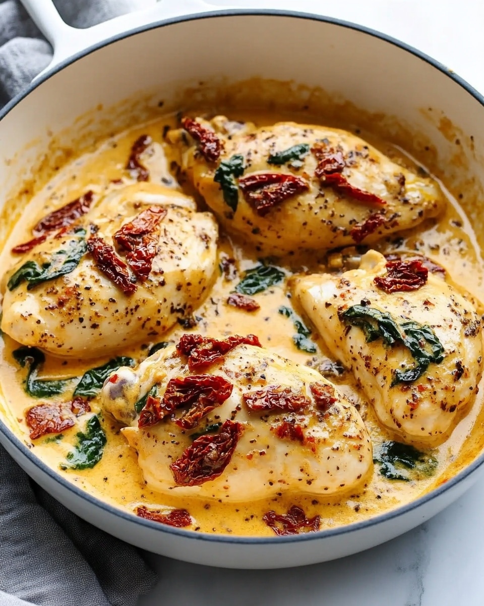 The image shows a white pan filled with four pieces of cooked chicken in a creamy orange sauce. The sauce has a smooth texture with small bits of green leafy spinach and small reddish strips of sun-dried tomatoes scattered throughout. The chicken pieces are lightly browned on top and partially covered by the sauce, with some spices sprinkled on them. The pan sits on a white marbled surface next to a gray cloth. Photo taken with an iphone --ar 4:5 --v 6.1