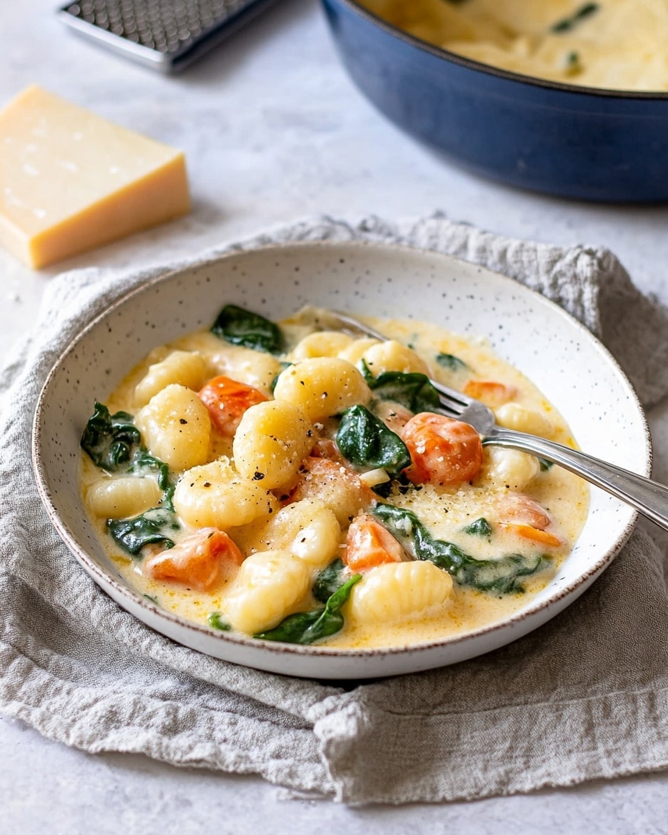 A shallow white bowl sits on a light beige textured cloth over a white marbled surface, filled with a creamy dish made of small round gnocchi covered in a pale yellow cheesy sauce mixed with pieces of bright orange tomatoes and dark green spinach leaves; a silver fork and spoon rest on the edge of the bowl. In the background, a white bowl with a blue rim holds more of the same dish, and a block of cheese with a metal grater lies beside a crumpled gray napkin. Photo taken with an iphone --ar 4:5 --v 6.1