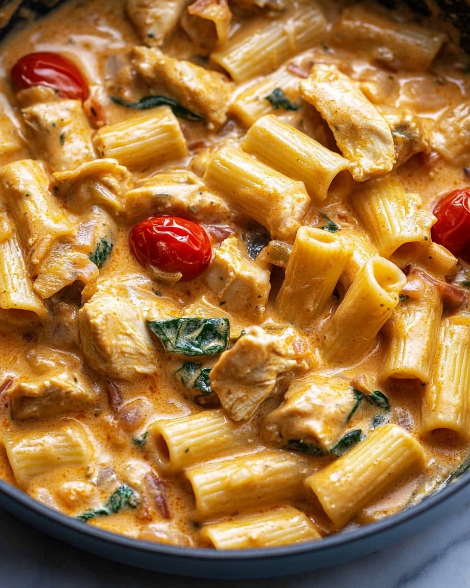 The image shows a close-up of a skillet filled with creamy pasta. The dish has three main layers: large tubes of rigatoni pasta in a smooth orange cream sauce, chunky pieces of browned chicken, and small bright red cherry tomato halves scattered throughout. There are also bits of green herbs and spinach leaves mixed inside, adding color contrast to the creamy base. The creamy sauce coats every ingredient with a glossy texture, and the skillet sits on a white marbled surface. Photo taken with an iphone --ar 4:5 --v 6.1