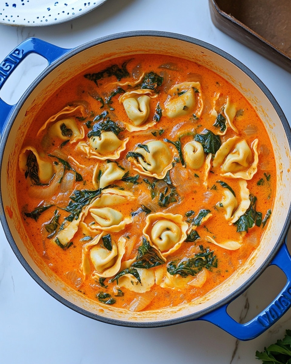 A large gray pot with blue handles holds a rich, creamy orange-red soup filled with folded tortellini pasta and scattered dark green leafy vegetables. The tortellini pieces float evenly on the surface, some slightly open, showing soft textures. The soup has a slightly oily sheen with small bits of herbs and vegetables dispersed throughout. The pot sits on a white marbled surface with a partial view of a white plate with blue spots and two brown containers nearby. Photo taken with an iphone --ar 4:5 --v 6.1