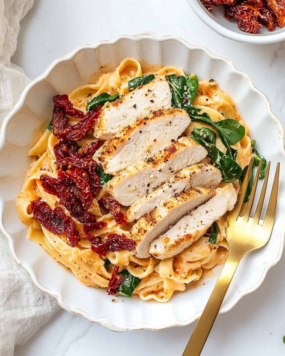 A white scalloped bowl holds a dish with two main layers: at the bottom is creamy, light orange pasta mixed with bright green spinach leaves and red sun-dried tomato pieces; on top are several slices of cooked white meat that are light golden brown with some black pepper sprinkled over them. A gold fork rests on the right side of the bowl, touching the pasta. In the upper right corner, a small white bowl filled with more sun-dried tomatoes in oil is partially visible. The whole scene is set on a white marbled surface. Photo taken with an iphone --ar 4:5 --v 6.1