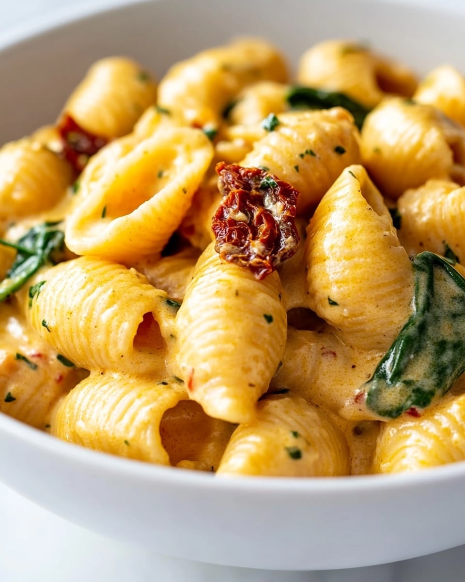 A close-up view of a bowl filled with creamy pasta shells coated in a smooth, light yellow sauce. The shells are mixed with deep green spinach leaves and small pieces of sun-dried tomatoes that add splashes of dark red color. Tiny flecks of herbs are scattered throughout the sauce, adding subtle green hints. The white bowl sits on a white marbled surface, with soft natural light highlighting the shiny, rich texture of the sauce over the pasta. photo taken with an iphone --ar 4:5 --v 6.1