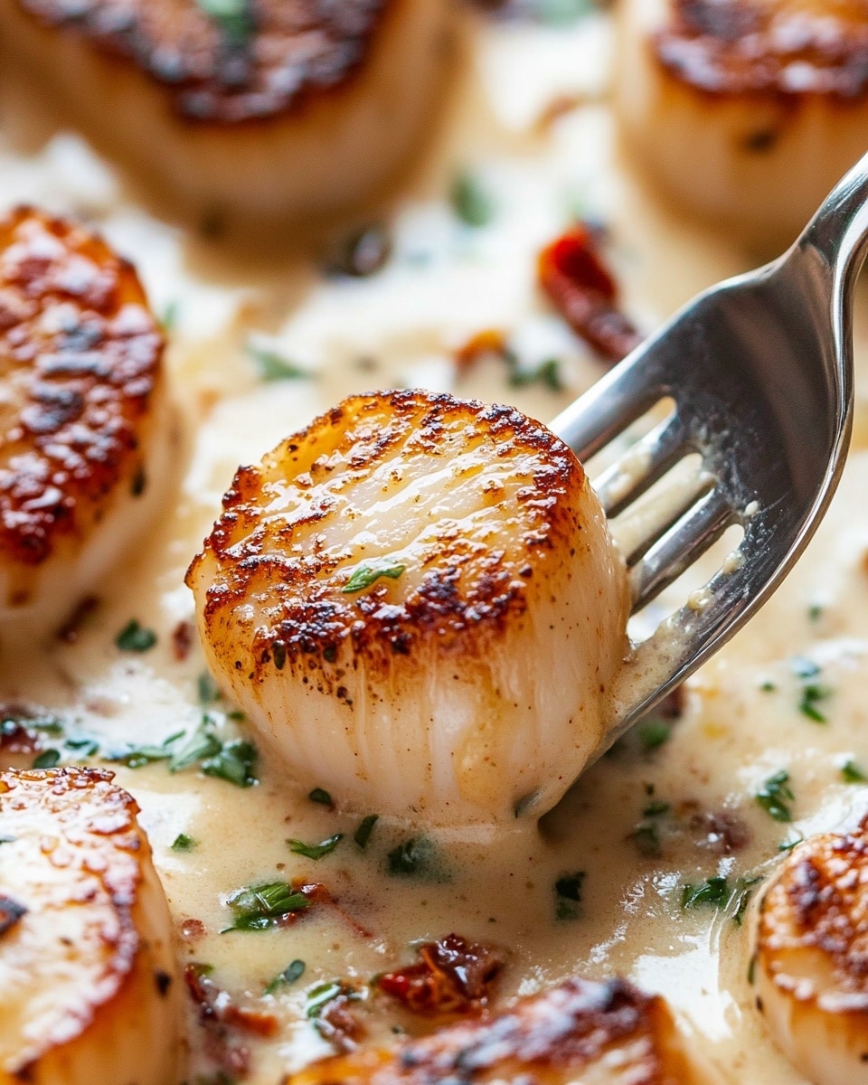 This close-up image shows a dish with two main layers: the base layer is thick, creamy white sauce with herbs and spinach scattered throughout, and the top layer has golden-brown seared scallops with a slightly crispy texture. The scallops are arranged close together, some slightly overlapping, their rich orange-brown sear marks contrasting with the pale sauce. The spinach adds flecks of deep green color to the creamy layer, making the dish look fresh and rich. The background is a white marbled texture. photo taken with an iphone --ar 4:5 --v 6.1