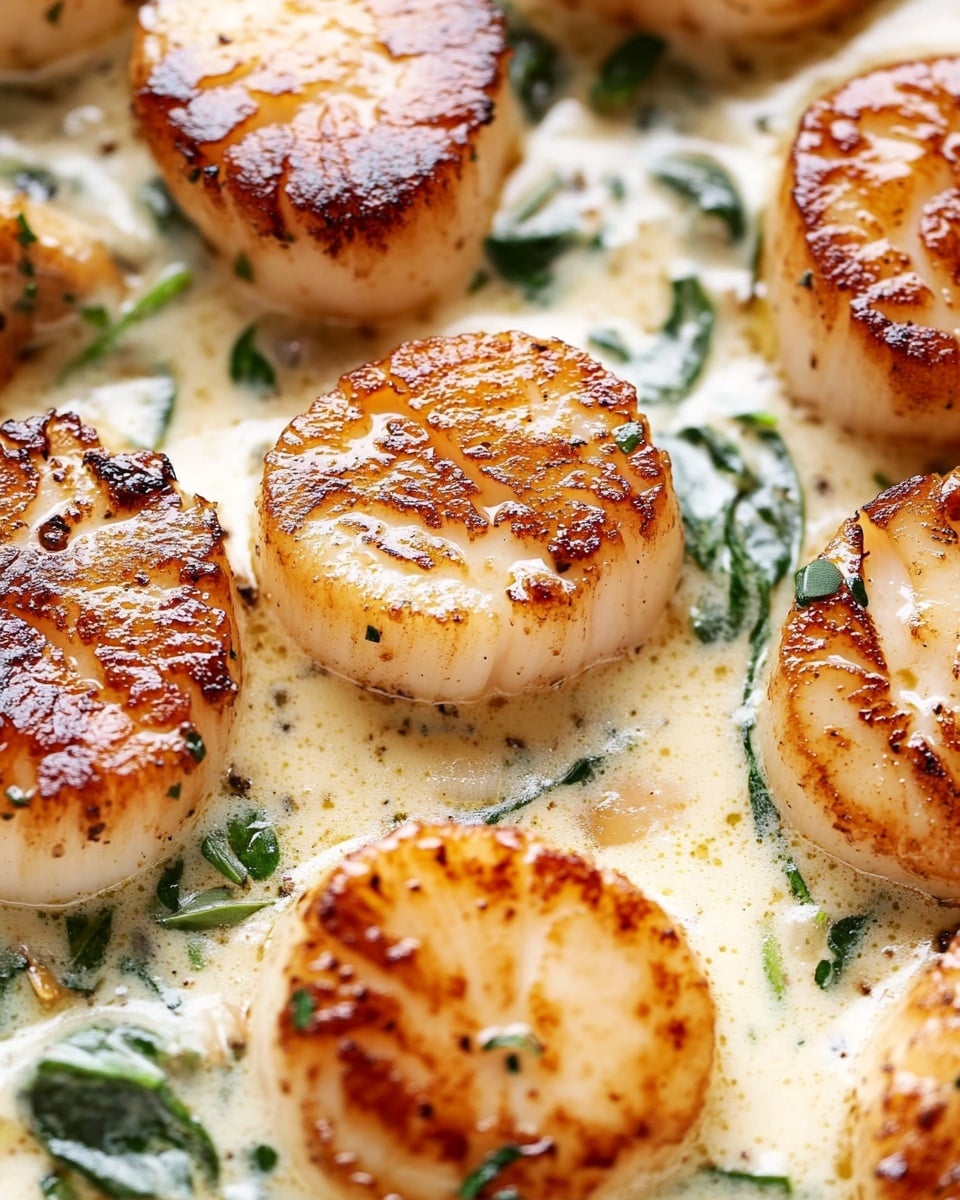 The image shows several browned scallops in a creamy sauce, with green herb bits and pieces of sun-dried tomatoes scattered around. A fork with silver prongs is pressing gently into one scallop in the middle, highlighting its caramelized top layer. The sauce is thick and smooth, lightly bubbling around the scallops, creating a rich texture. The background has a white marbled texture that adds brightness to the scene. photo taken with an iphone --ar 4:5 --v 6.1