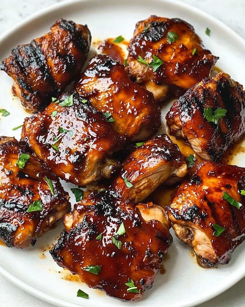 Caramelized BBQ Chicken Thighs, Oven BBQ Chicken, Juicy Oven Chicken Thighs, Easy BBQ Chicken Recipe, Sticky BBQ Chicken The image shows a white plate filled with several pieces of grilled chicken coated in a shiny, sticky reddish-brown sauce. Each piece has visible char marks and a slightly crispy texture, with small bits of green herbs sprinkled on top. The sauce glistens under the light, pooling slightly on the plate and creating a rich, appetizing look. The plate is placed on a white marbled surface.