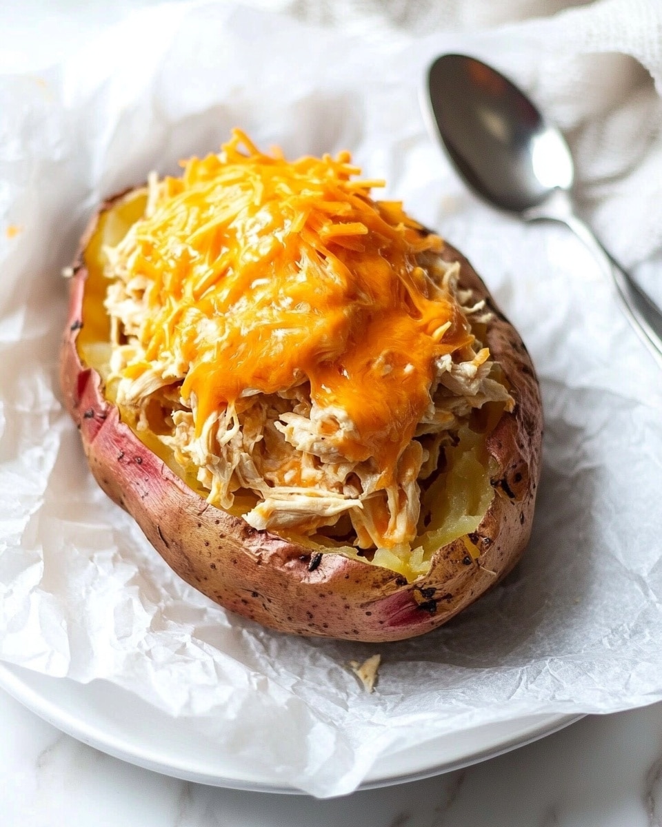 Cheesy Spicy Ranch Stuffed Baked Potatoes, stuffed baked potato recipe, spicy ranch chicken baked potatoes, cheesy loaded baked potatoes, easy comfort food recipes A baked potato with a rough brown skin is the base layer, placed on crumpled white paper inside a white plate. On top, there is a thick layer of shredded cooked chicken with a light beige color, covered unevenly with melted orange cheddar cheese that drips slightly over the edges. The background is a white marbled texture with a silver spoon peeking out on the right side.