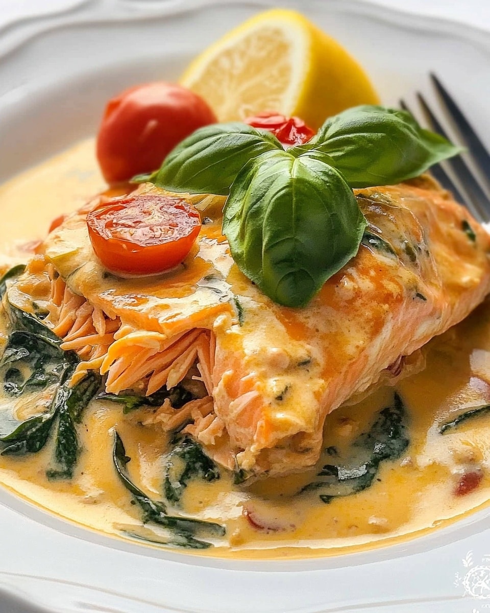 The dish shows a creamy, orange-colored sauce covering a flaky, shredded salmon piece with green spinach leaves mixed in near the bottom. On top, there are two thin yellow lemon slices, a small shiny red cherry tomato, a small chunk of orange tomato, and a fresh bright green basil leaf with visible veins. The food is served on a white plate with slight scalloped edges and a fork partially visible on the right side touching the sauce. The background is a white marbled surface. photo taken with an iphone --ar 4:5 --v 6.1