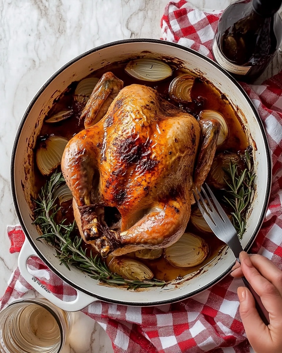 A whole roasted chicken with golden brown crispy skin sits in a white round pan, surrounded by cooked onion halves and sprigs of fresh rosemary. The chicken is placed in the center, showing a slightly shiny surface from juices and herbs, while the onions have a soft beige color and caramelized edges. A woman's hand holding a fork and knife is about to carve the chicken, and a red and white checkered cloth is under the pan. The background is a white marbled texture with a clear glass of drink and a dark bottle near the pan. Photo taken with an iphone --ar 4:5 --v 6.1