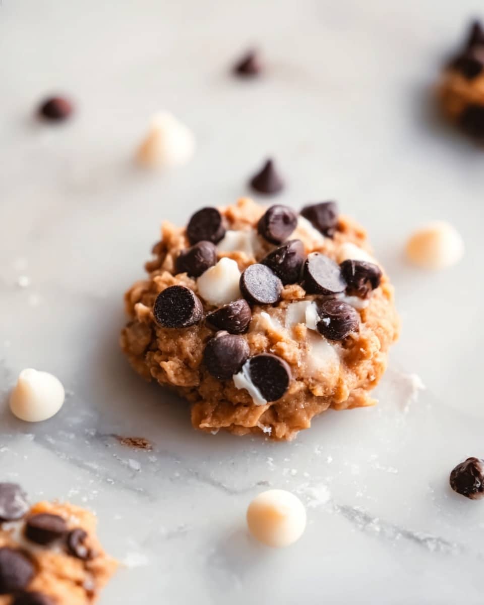 The image shows a small cookie with a rough, lumpy texture and a golden brown color. It is topped with many dark chocolate chips, scattered unevenly on the surface. The cookie sits on a white marbled surface with light reflections, surrounded by a few extra dark and white chocolate chips scattered around. The lighting is soft and natural, highlighting the cookie's texture and chocolate chips. photo taken with an iphone --ar 4:5 --v 7