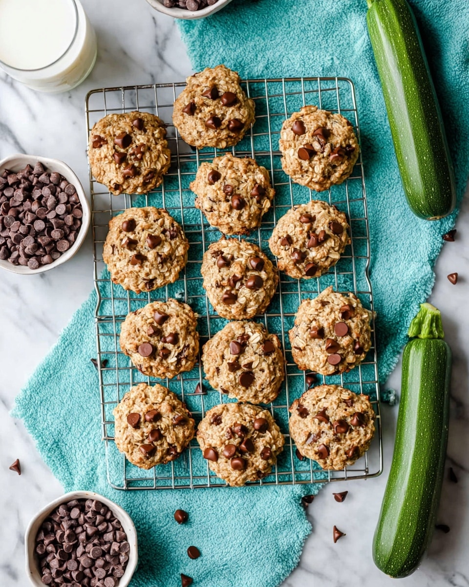 The image shows a cooling rack with 15 round oatmeal chocolate chip cookies arranged neatly on a turquoise cloth beneath the rack. Each cookie is golden brown with visible oats and scattered dark brown chocolate chips on top, giving them a textured and chunky look. The rack sits on a white marbled surface with a glass of milk on the upper left corner and a small white bowl filled with chocolate chips on the bottom left. Two whole green zucchinis are placed on the right side of the frame. The scene is bright and clean, emphasizing the warm, homemade feel of the cookies. Photo taken with an iphone --ar 4:5 --v 7