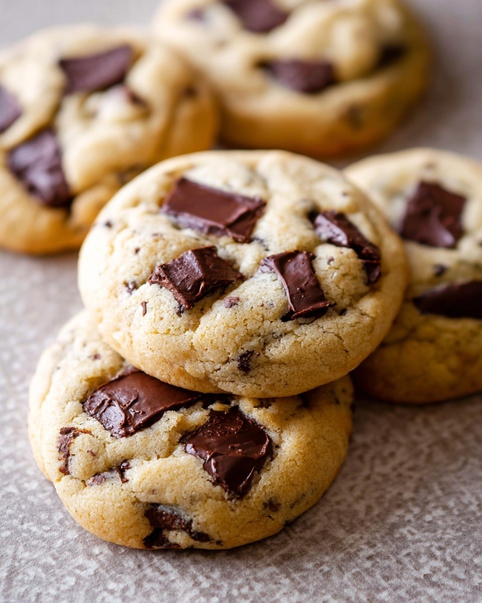 The image shows a close-up view of soft, round cookies with a light golden-brown color and smooth texture. Each cookie has several large, dark brown chocolate chunks embedded on the top surface, creating a contrast with the lighter dough. The cookies are stacked and slightly overlapped on a textured surface that has been changed to a white marbled pattern. The cookies appear thick and slightly chewy, with some cracks and folds visible on their surface. photo taken with an iphone --ar 4:5 --v 7