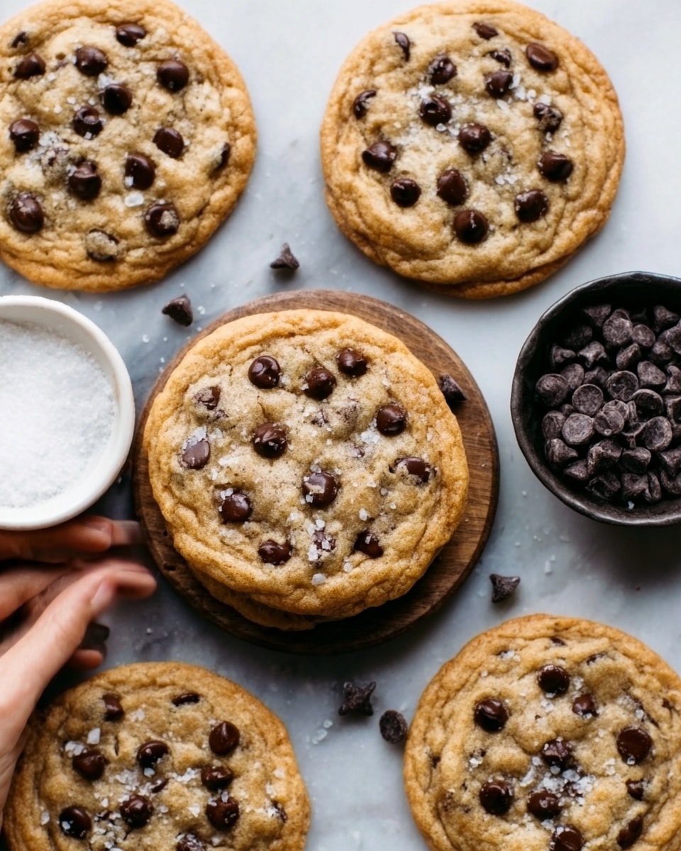 The image shows several round chocolate chip cookies with a golden brown color and a slightly crisp edge. Each cookie has many dark brown chocolate chips spread evenly across the top. They are placed on a white marbled surface, with one white bowl filled with more chocolate chips and another white bowl containing white granulated sugar nearby. A woman's hand is reaching into the frame, holding one cookie. Photo taken with an iphone --ar 4:5 --v 7