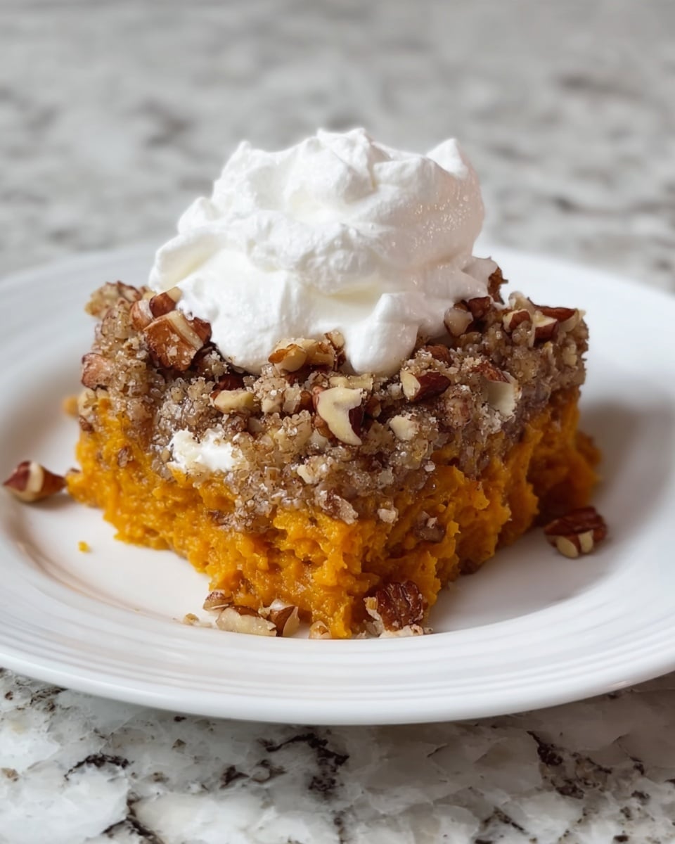 A dish with two layers sits on a white plate on a white marbled surface. The bottom layer is a soft, bright orange mash with a smooth texture. The top layer is a crumbly, light brown mixture with visible large chunks of nuts scattered unevenly across the surface. Next to the plate, a white baking dish with a blue flower pattern contains the same dish, showing more of the orange mash and crumbly nut topping inside with a silver spoon resting in it. Photo taken with an iphone --ar 4:5 --v 7