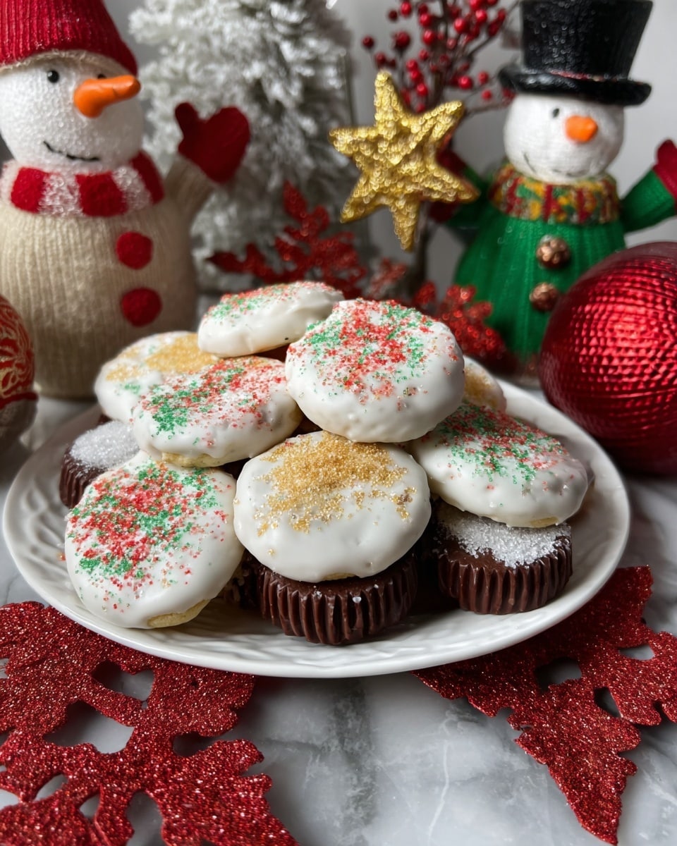 The image shows a baking tray lined with white parchment paper holding round cookies designed like Christmas ornaments. Each cookie has two layers: the bottom layer is dark brown, textured like a small peanut butter cup, and the top layer is white with a smooth coating. The white layer is sprinkled with colored sugar: gold, red, or green. At the top of each cookie, the dark brown layer extends slightly to look like the ornament's cap. A woman's hand dusts golden sugar sprinkles over one cookie. The background has a white marbled surface with two small decorative snowmen in winter outfits and a red decorative ball nearby. Photo taken with an iphone --ar 4:5 --v 7