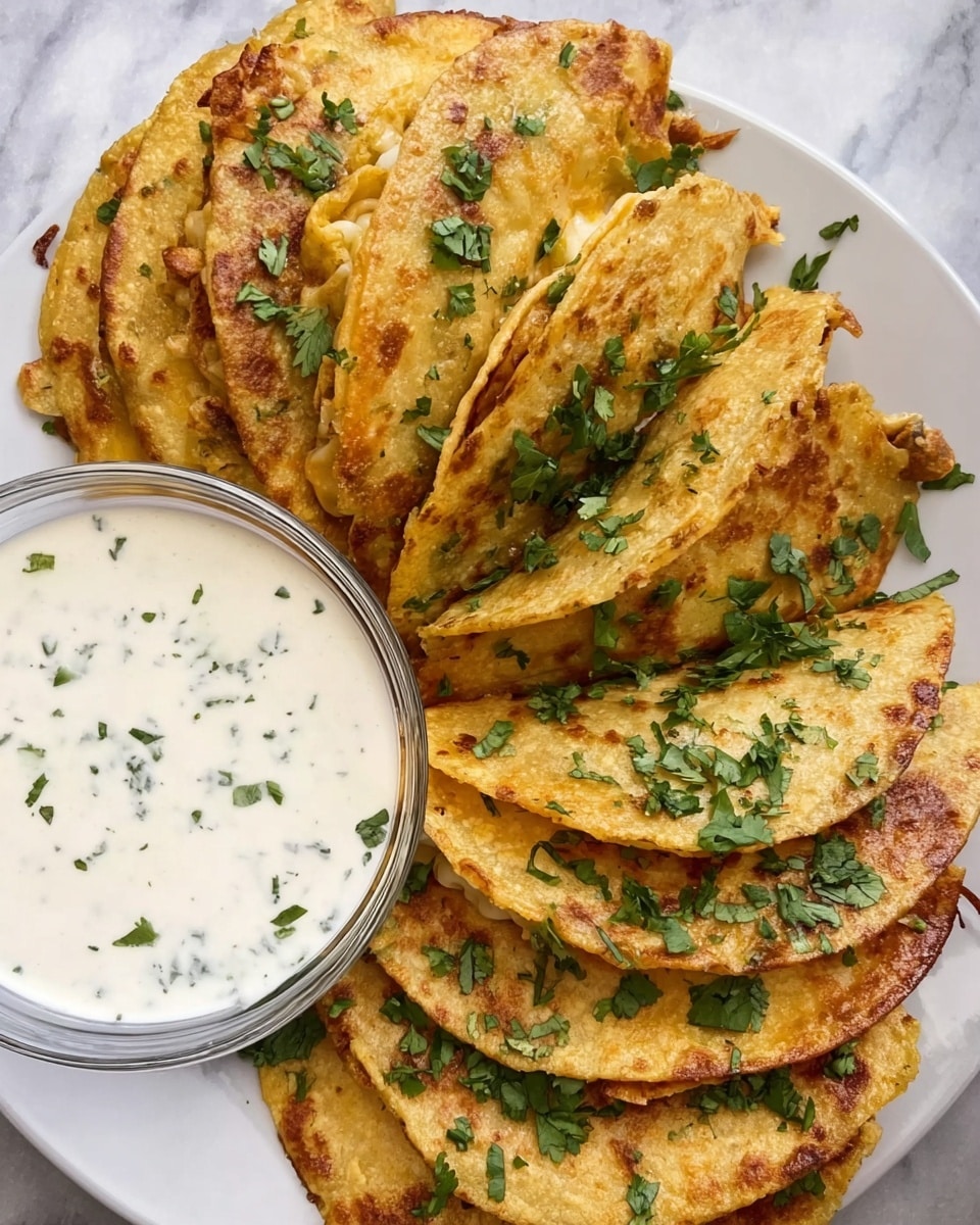 The image shows a white plate holding several golden brown tacos stacked in two layers, with each taco filled and folded in half, showing a slightly crispy texture on the edges and sprinkled with fresh chopped green cilantro on top. On the left side of the plate, there is a small clear glass bowl filled with a creamy white sauce that has small herbs mixed inside. The plate is placed on a white marbled surface. Photo taken with an iphone --ar 4:5 --v 7