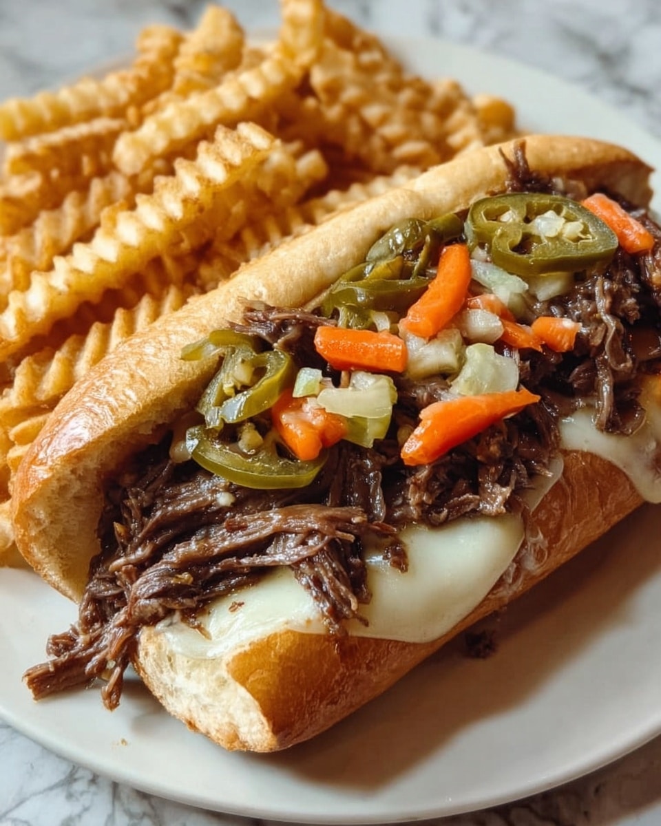 A toasted sandwich roll with a golden-brown crust holds melted white cheese on the bottom layer, topped with shredded dark brown meat. On top of the meat, there are sliced green jalapeños and diced orange carrots mixed with pale green pickled vegetables. The sandwich is placed on a white plate with a side of crinkle-cut golden fries. The background is a white marbled surface. Photo taken with an iphone --ar 4:5 --v 7