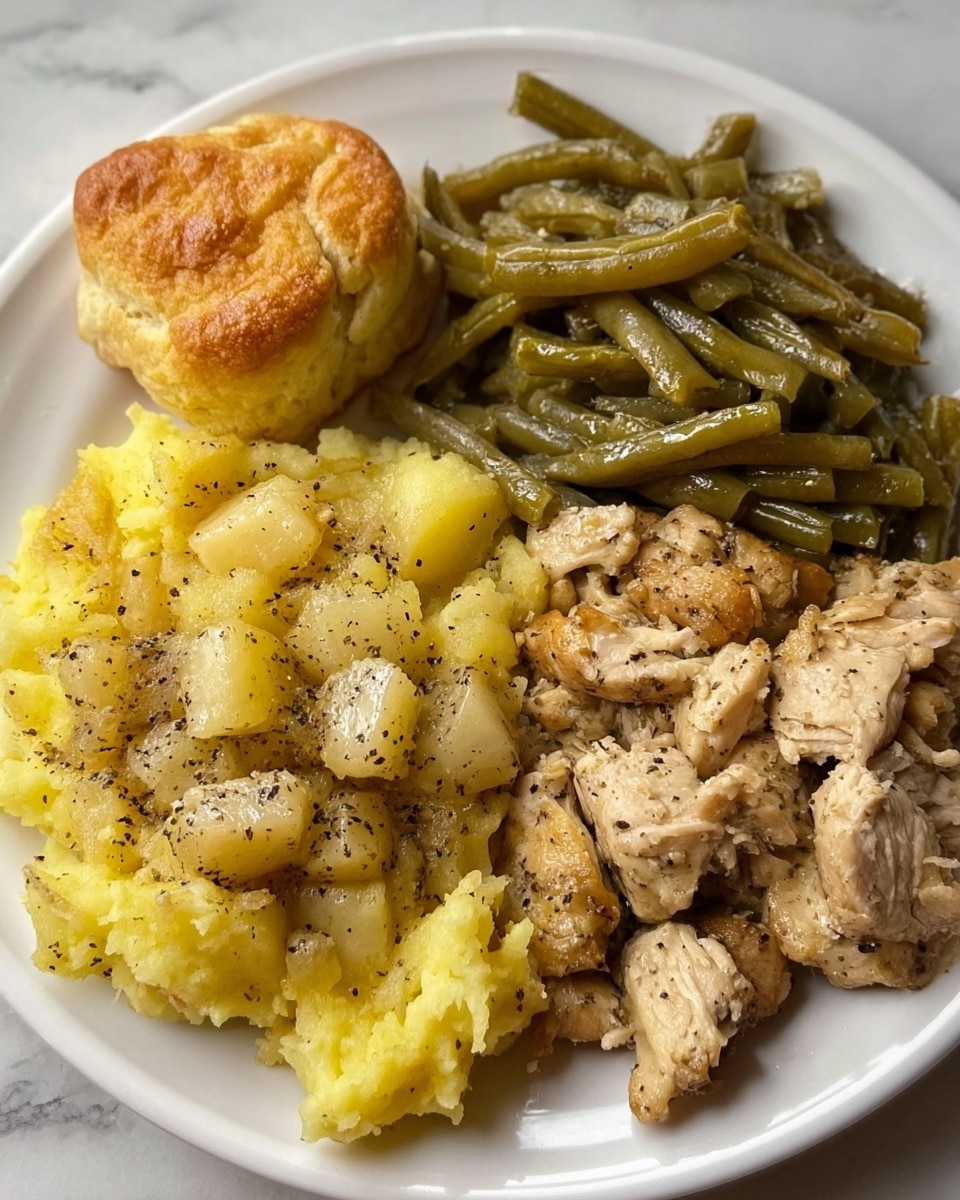 A white plate with four food sections on a white marbled surface: in the top left, a small golden biscuit with a soft, puffy texture; next to it on the right, a pile of shiny, cooked green beans laid in a neat stack; in the bottom right, torn pieces of light brown cooked chicken seasoned with black pepper; and in the bottom left, a large serving of mashed yellow potatoes mixed with chunks and black pepper sprinkled on top. photo taken with an iphone --ar 4:5 --v 7