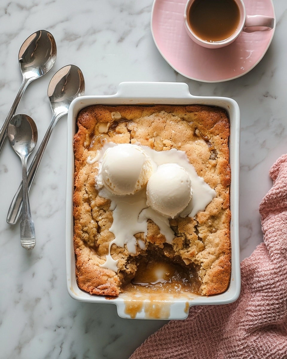 A baked dessert in a white rectangular dish with a golden-brown crust on top, showing a missing corner where the soft, warm filling inside is visible in light brown color. Two round white scoops of melting vanilla ice cream sit on the top center, with creamy drips running down slightly onto the crust. The dish is placed on a white marbled surface, with two silver spoons to the top left and a pink cup filled with coffee above the dish. A white saucer with a pink cup of coffee is on the right side, sitting on the same white marbled surface. A pink textured cloth is partially visible under the cup and saucer at the bottom right. photo taken with an iphone --ar 4:5 --v 7